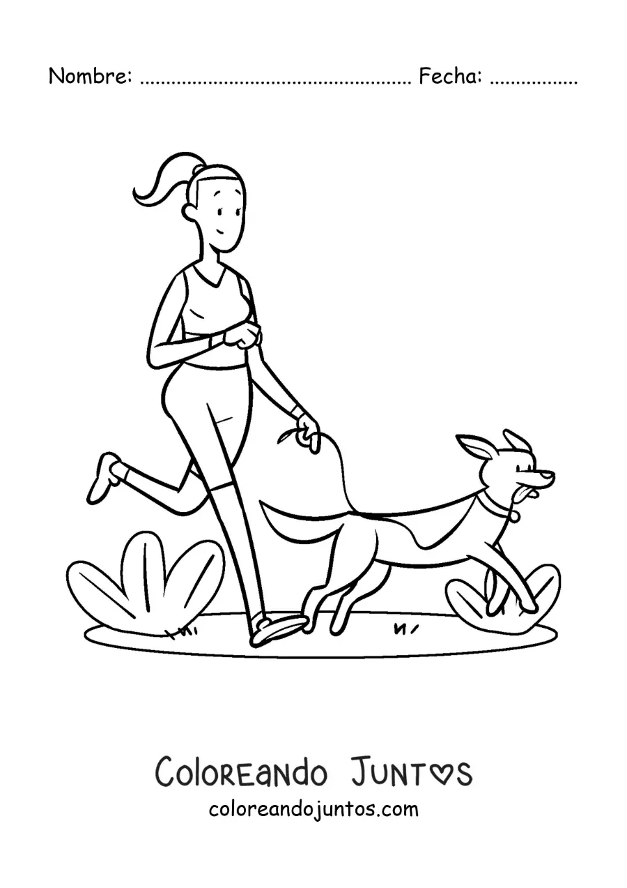 Imagen para colorear de una chica trotando con su perro en el parque