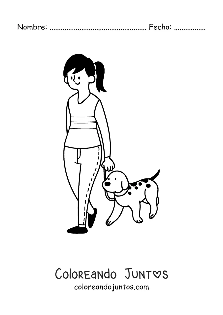 Imagen para colorear de una chica paseando a su perro