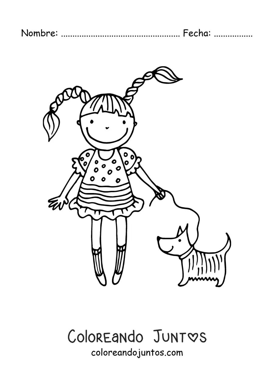 Imagen para colorear de una caricatura de una niña paseando a su perro