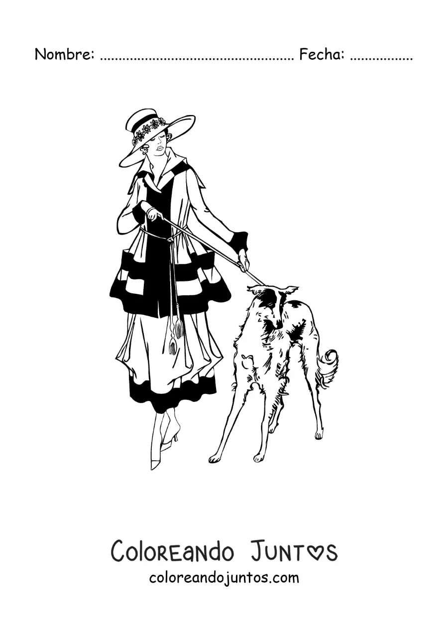 Imagen para colorear de una chica elegante de paseo con su perro