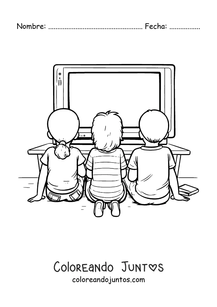 Imagen para colorear de niños sentados frente al televisor