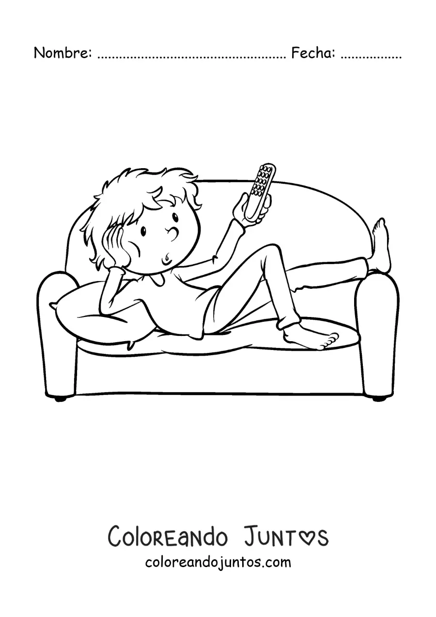 Imagen para colorear de un niño acostado en el sofá con el control de la televisión