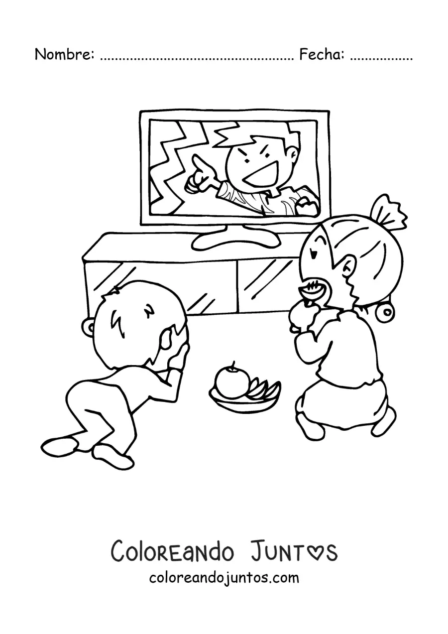 Imagen para colorear de dos niños comiendo frutas y viendo la televisión