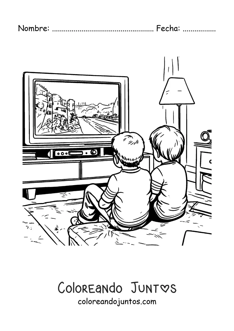 Imagen para colorear de dos niños amigos viendo la tv