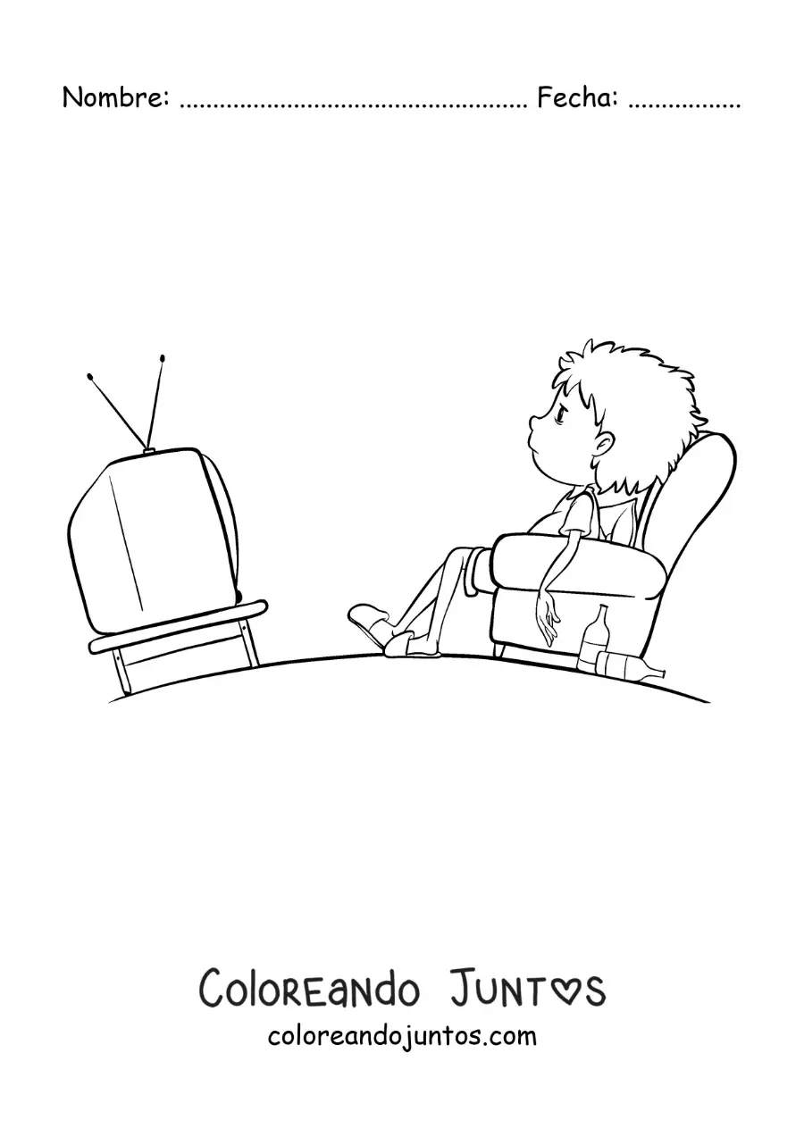 Imagen para colorear de un niño viendo televisión en el sofá