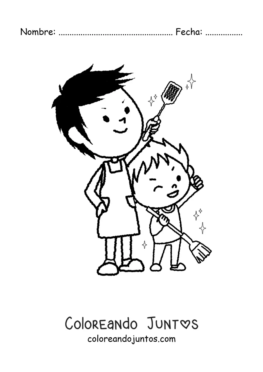 Imagen para colorear de un niño ayudando a su papá a limpiar la casa