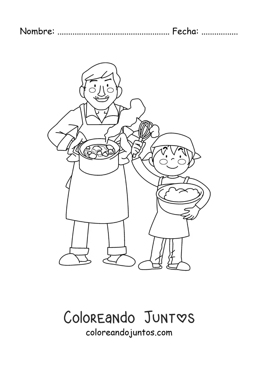 Imagen para colorear de un niño ayudando a su papá a cocinar en casa