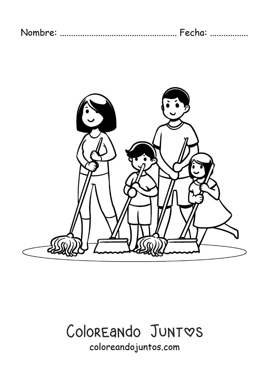 Imagen para colorear de una familia limpiando la casa