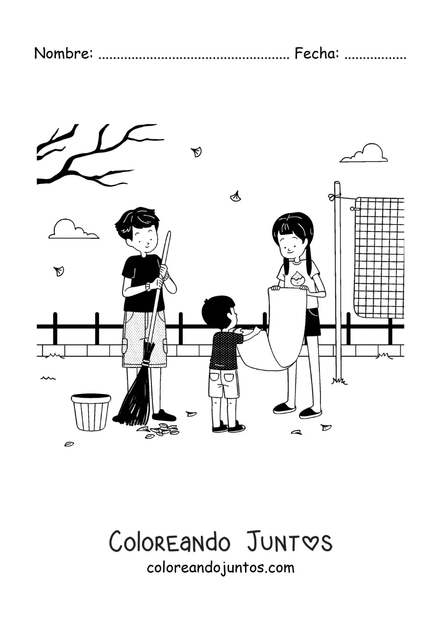 Imagen para colorear de niños ayudando a su madre a ordenar el patio