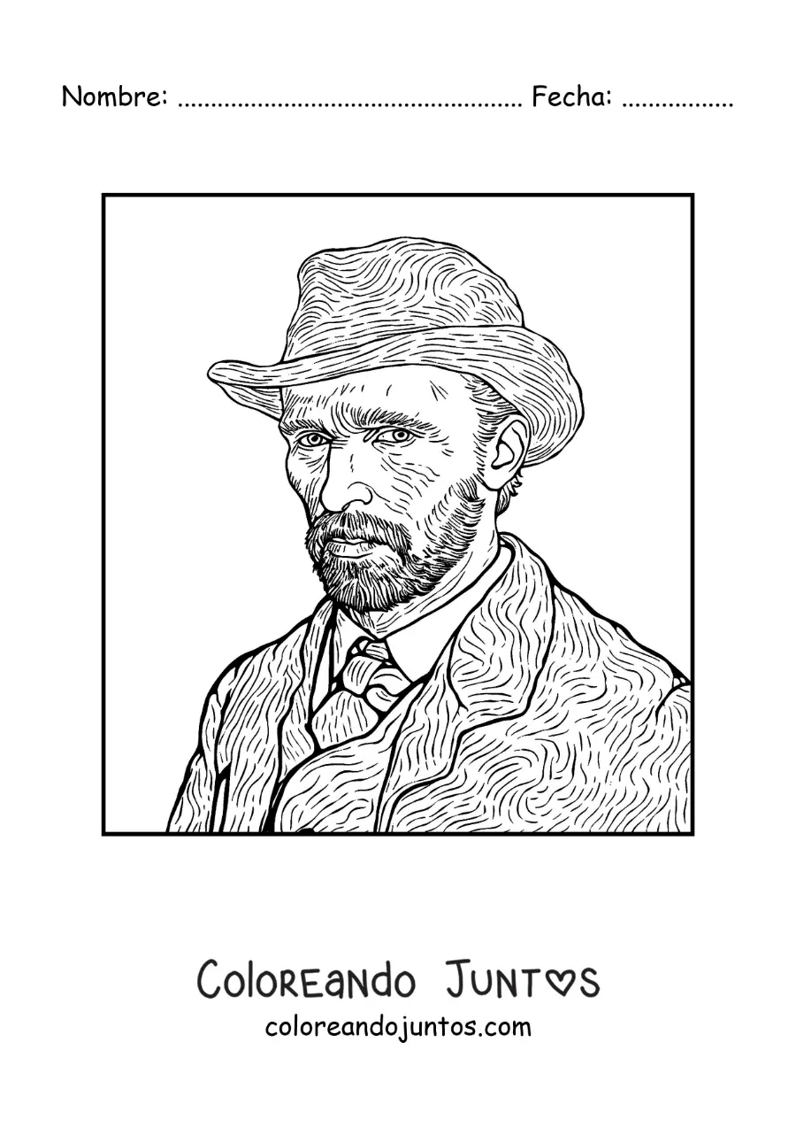 Imagen para colorear de autorretrato con sombrero de van gogh
