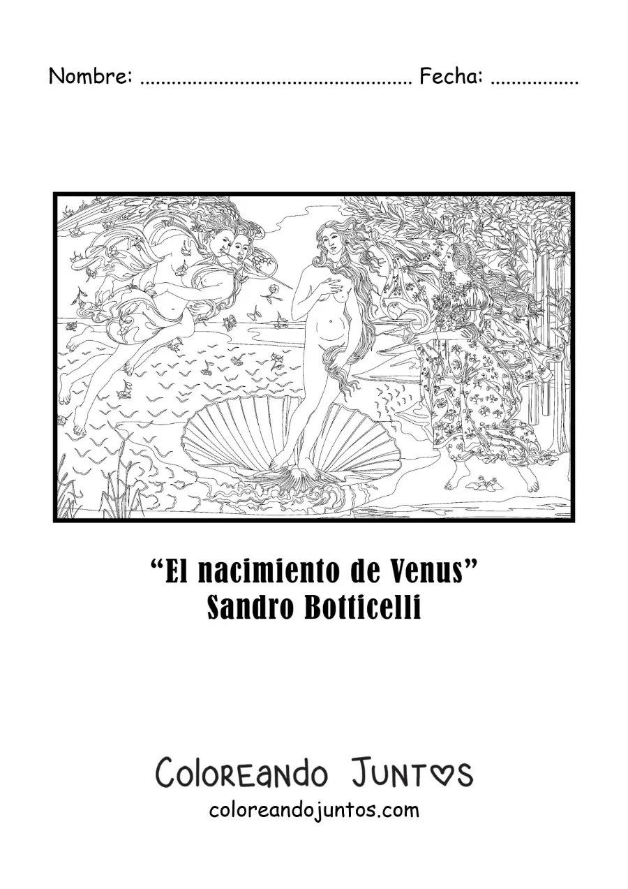 Imagen para colorear de El nacimiento de Venus de Sandro Botticelli
