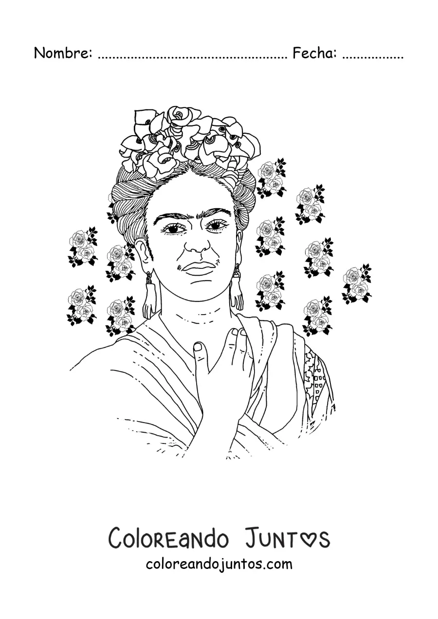 Imagen para colorear de retrato de frida kahlo con flores