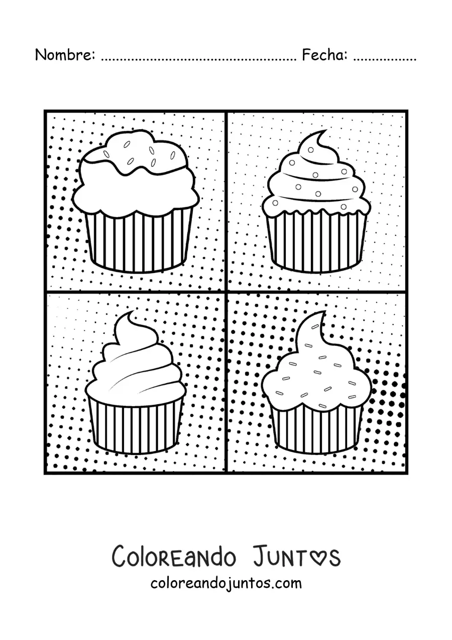 Imagen para colorear de cupcakes al estilo pop art de Andy Warhol para niños