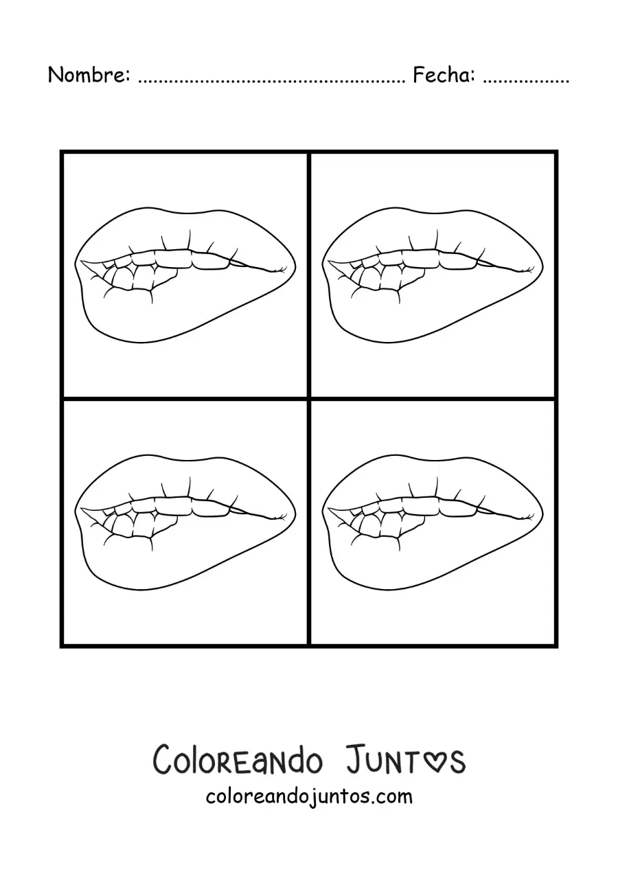 Imagen para colorear de un dibujo de labios pop art al estilo de Andy Warhol