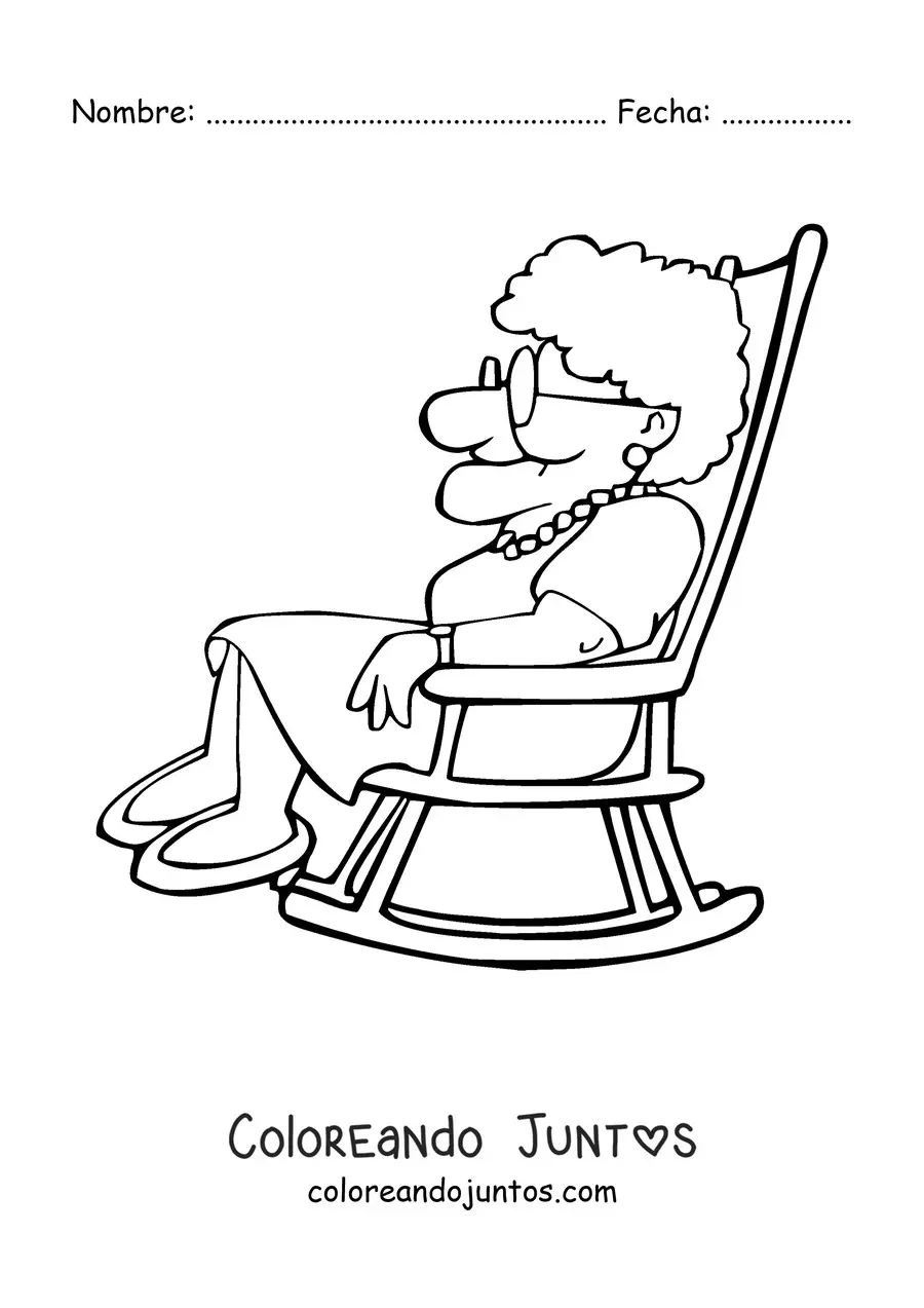 Imagen para colorear de una abuela sentada de perfil en una silla mecedora