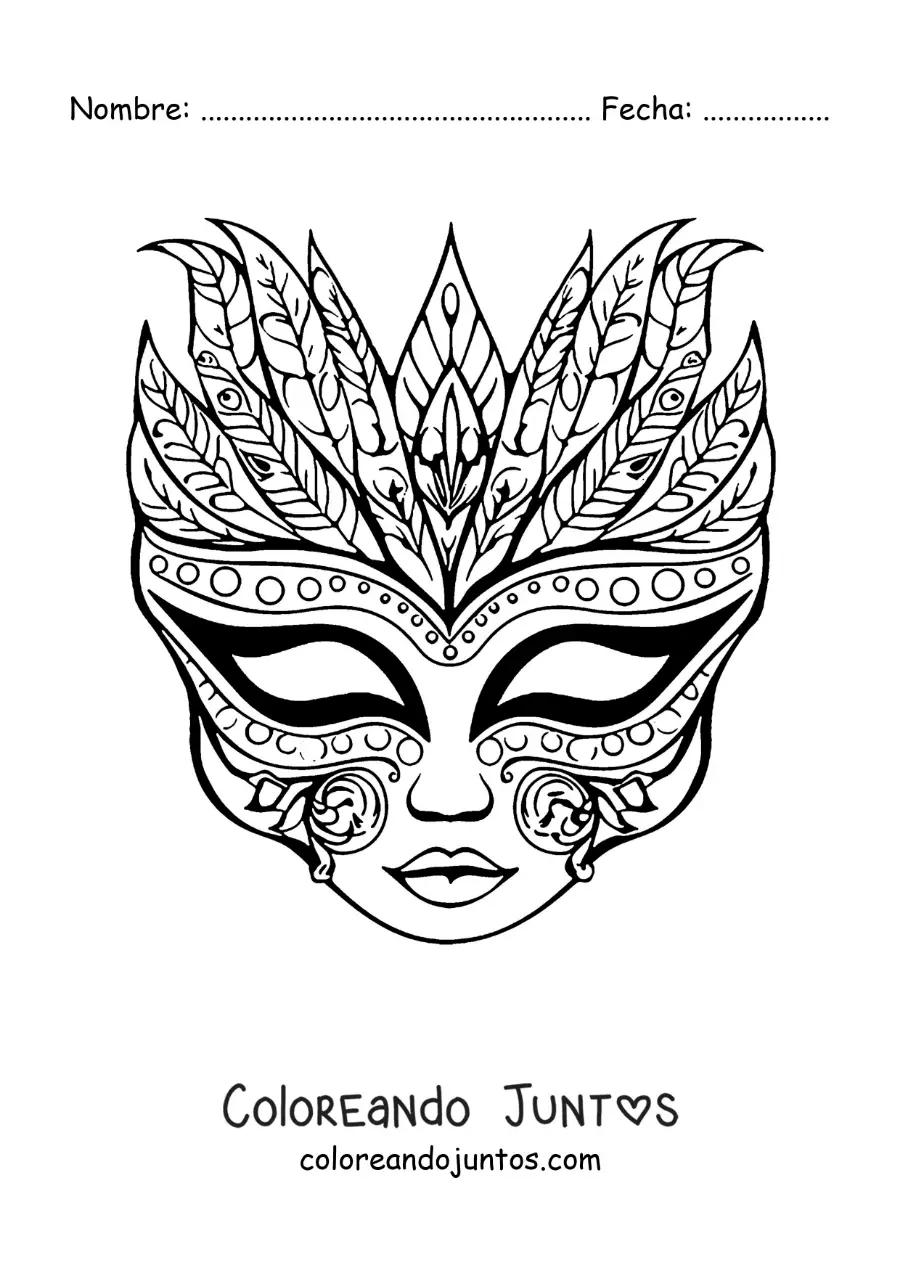 Imagen para colorear de máscara veneciana con plumas