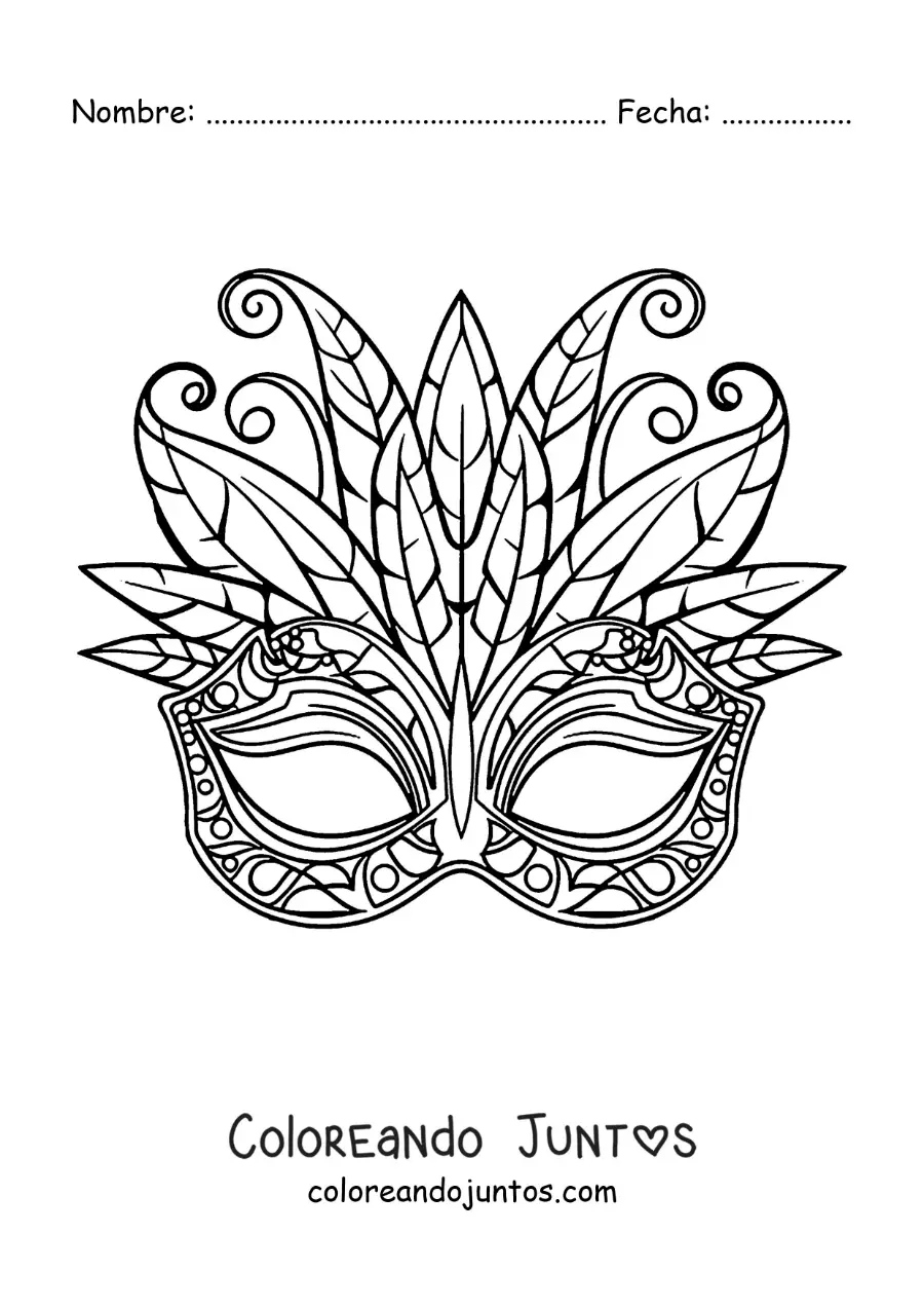 Imagen para colorear de máscara de carnaval con formas geométricas y plumas