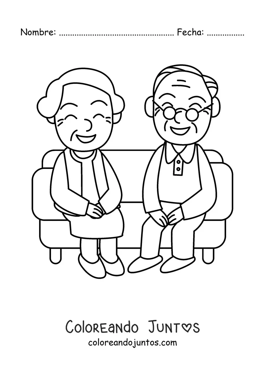Imagen para colorear de una abuela y un abuelo sentados en un sofá