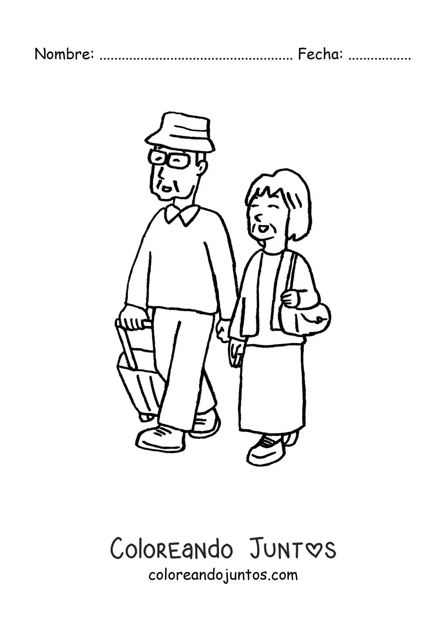 Imagen para colorear de una abuela y un abuelo con equipaje de viaje