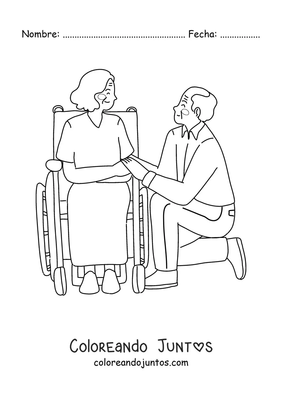 Imagen para colorear de un abuelo arrodillado junto a una abuela en silla de ruedas