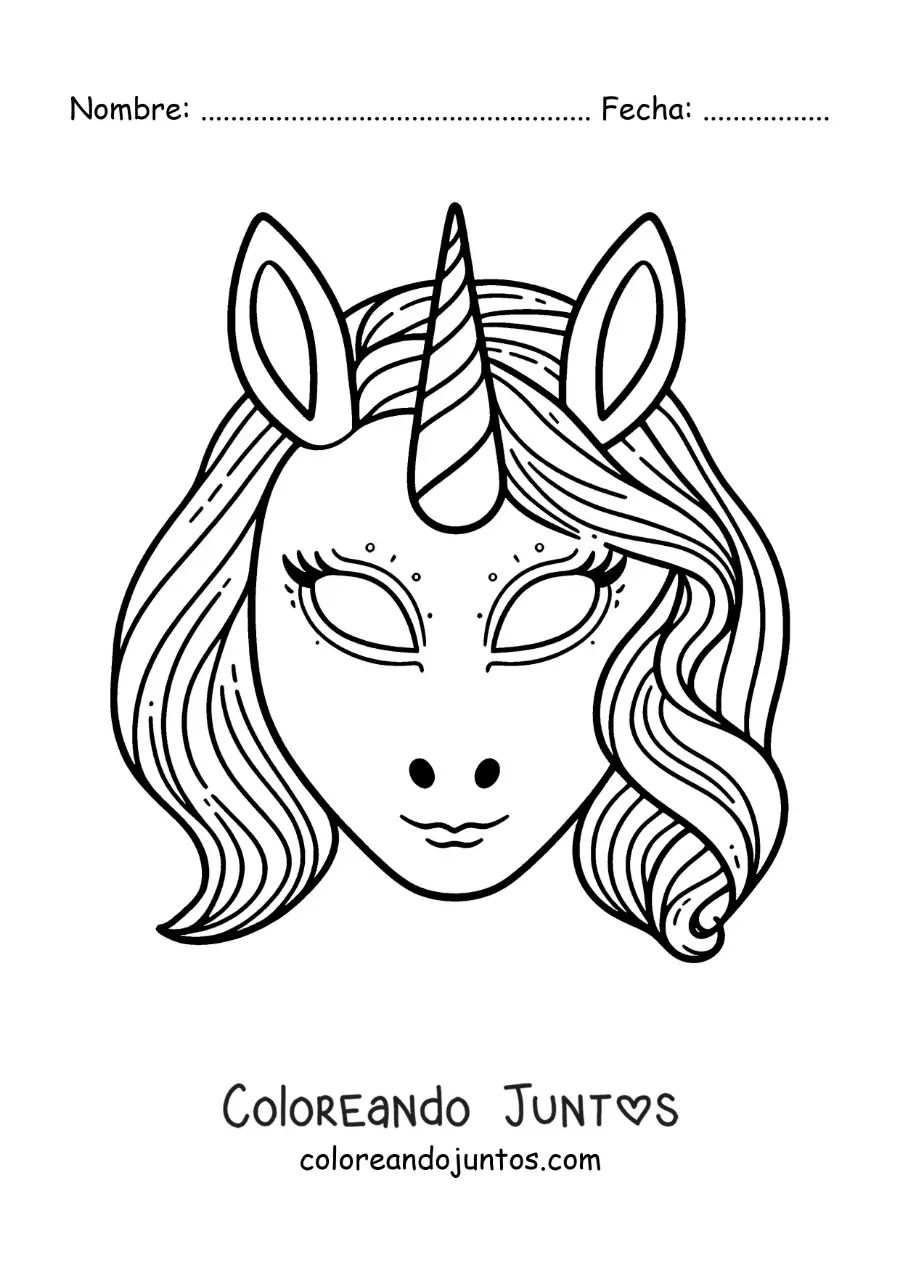 Imagen para colorear de careta de unicornio
