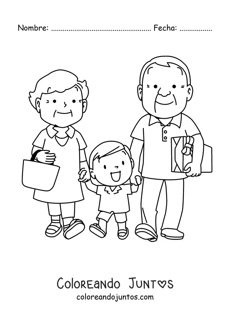 Imagen para colorear de un par de abuelos llevando de la mano a su nieto
