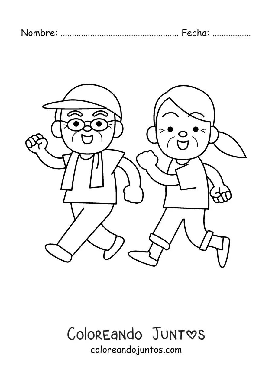 Imagen para colorear de una pareja de abuelos haciendo ejercicio