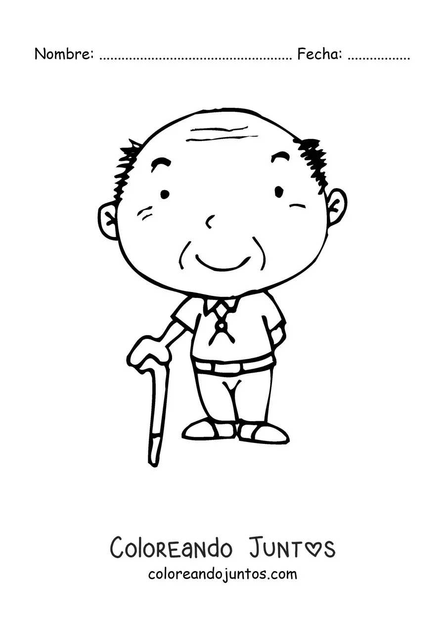 Imagen para colorear de un abuelo kawaii sonriente de pie con un bastón