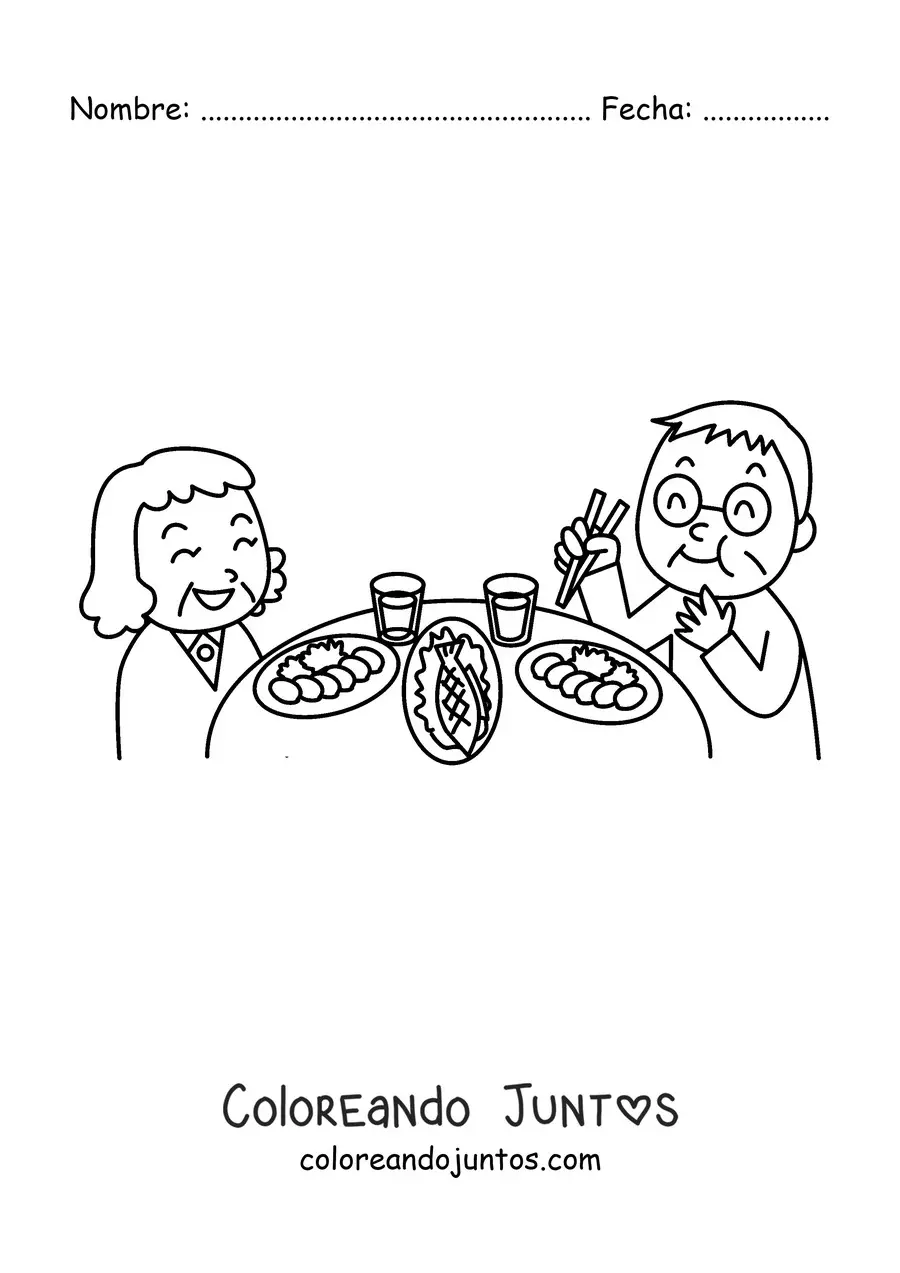Imagen para colorear de un abuelo y una abuela cenando