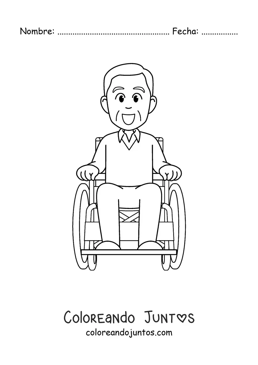 Imagen para colorear de un abuelo kawaii sonriente en una silla de ruedas