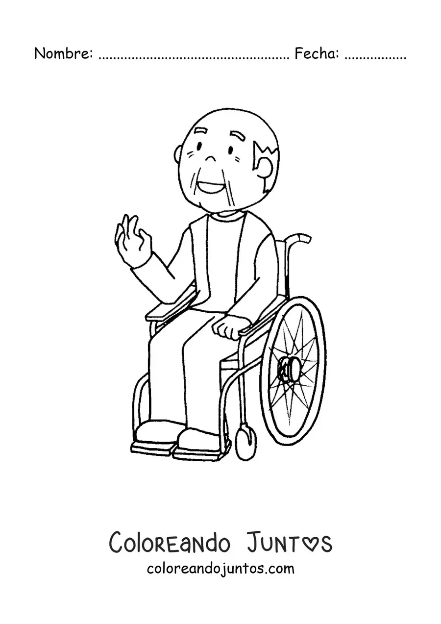 Imagen para colorear de un abuelo en una silla de ruedas saludando
