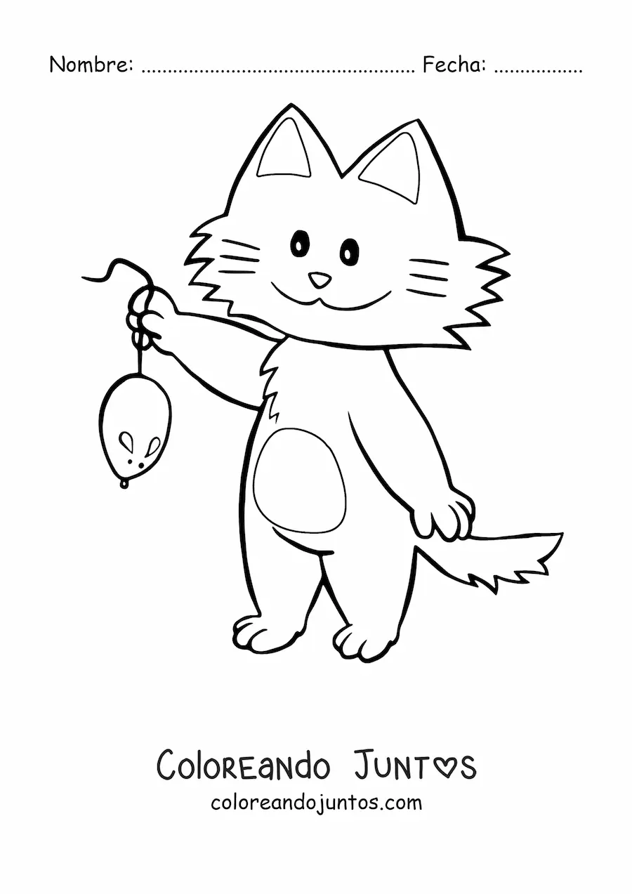 Imagen para colorear de un gato animado sosteniendo un ratón por su cola