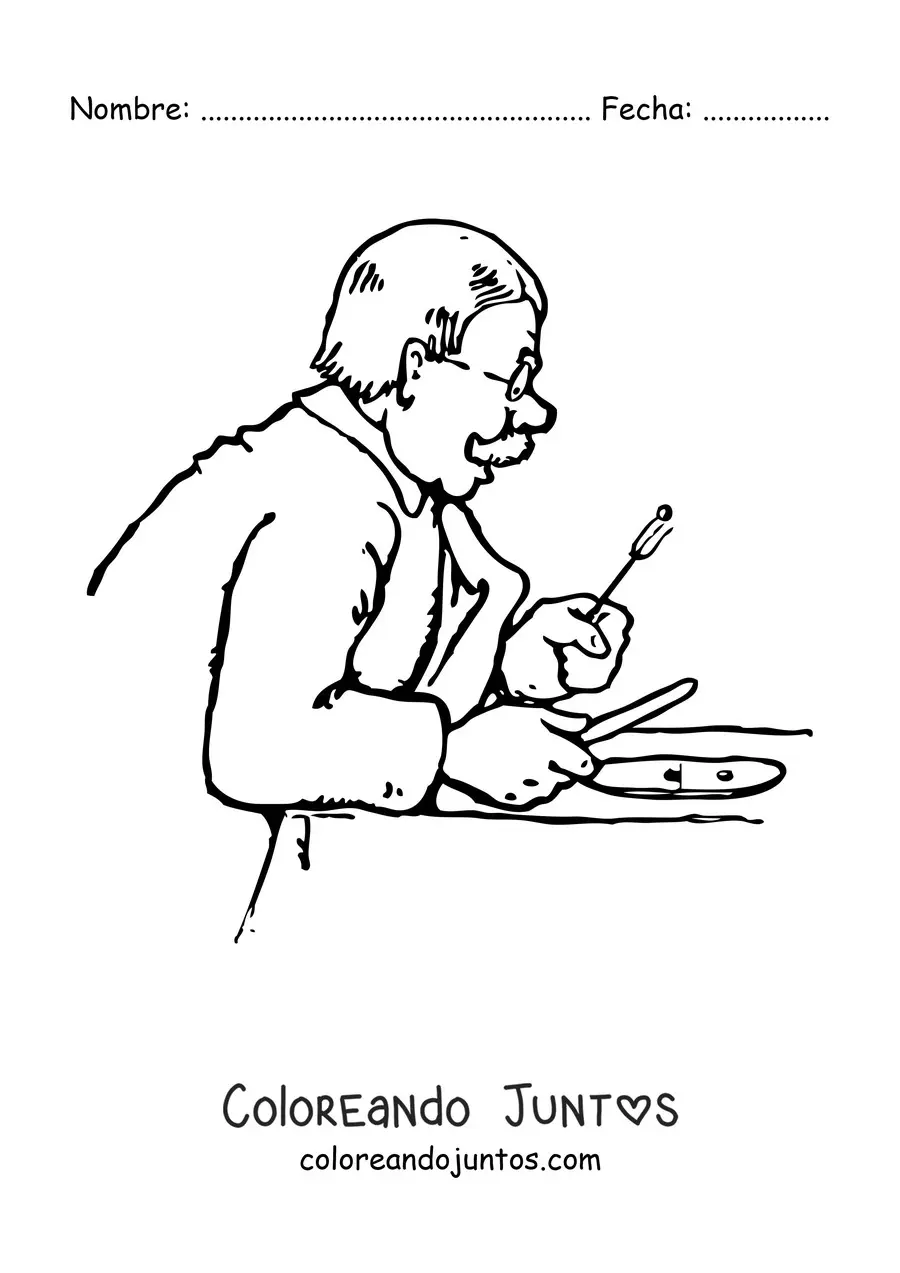 Imagen para colorear de un abuelo con gafas comiendo