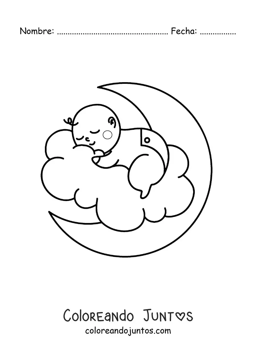 Imagen para colorear de un bebé recién nacido durmiendo en una nube sobre la Luna