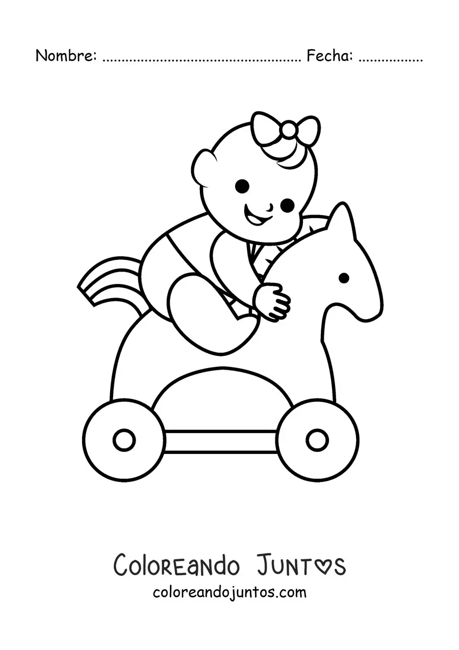 Imagen para colorear de un bebé niña jugando sobre un caballo de juguete