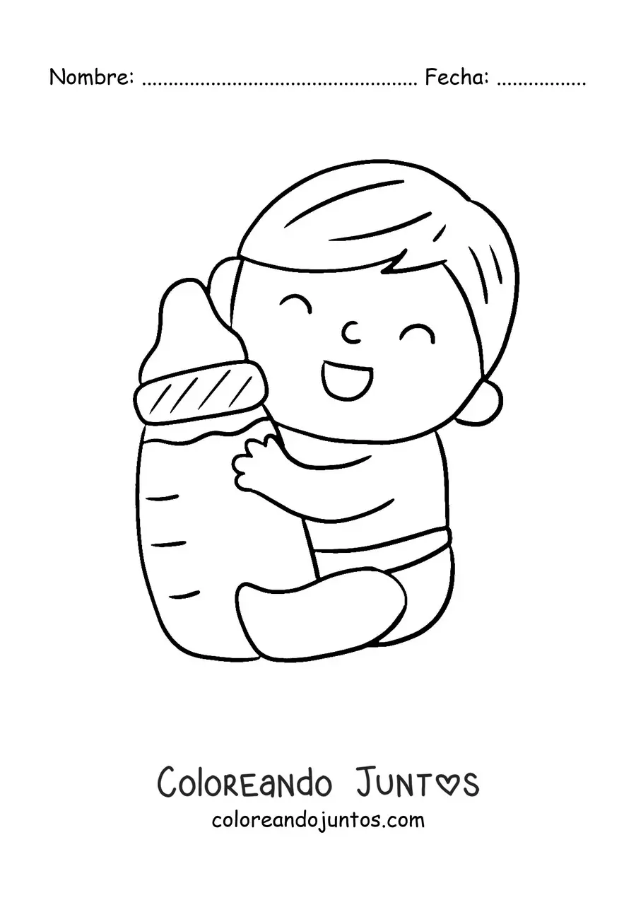 Imagen para colorear de un bebé en pañales abrazando un biberón