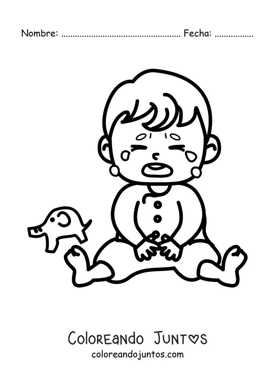 Imagen para colorear de un bebé sentado llorando junto a un juguete