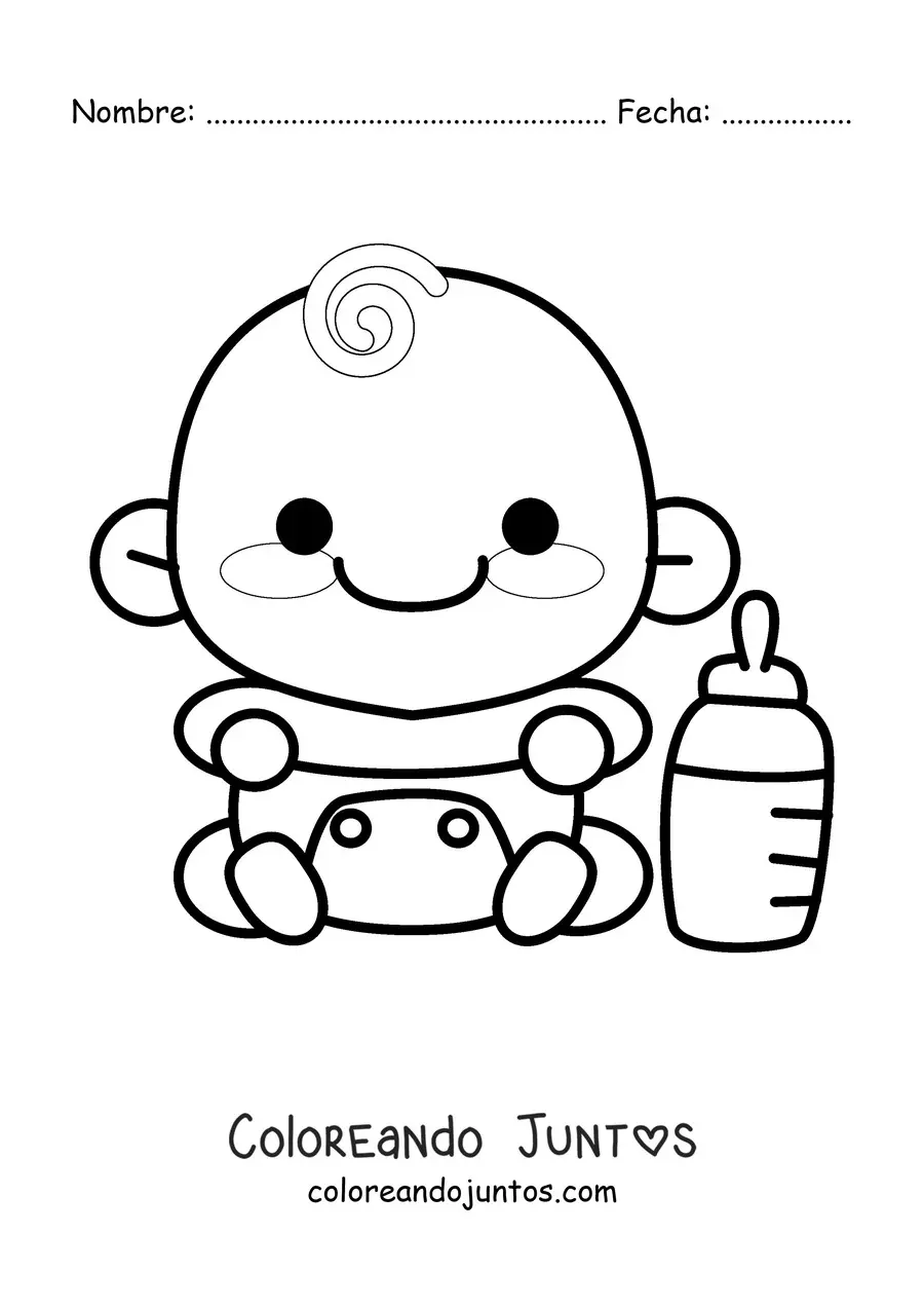Imagen para colorear de un bebé kawaii en pañales junto a un biberón
