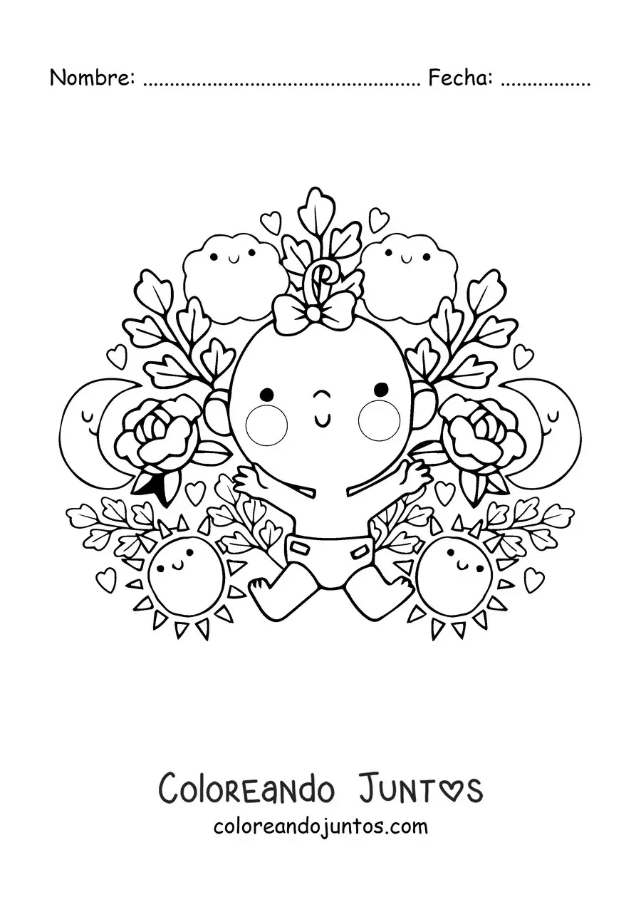 Imagen para colorear de una bebé kawaii rodeada de flores animadas