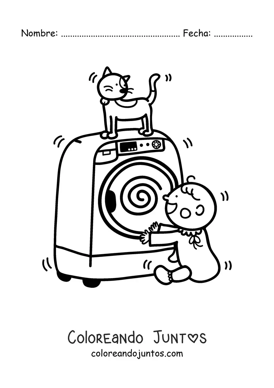 Imagen para colorear de un bebé jugando con un gato animado sobre una secadora
