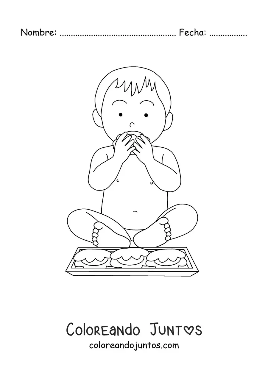 Imagen para colorear de un bebé sentado comiendo con las manos
