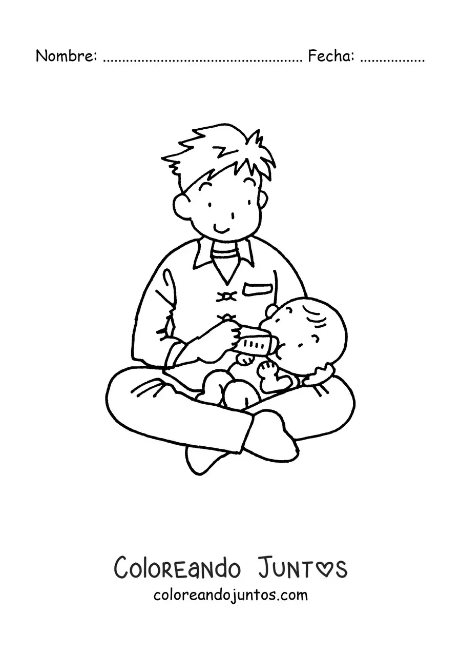 Imagen para colorear de un padre alimentando con biberón a un bebé