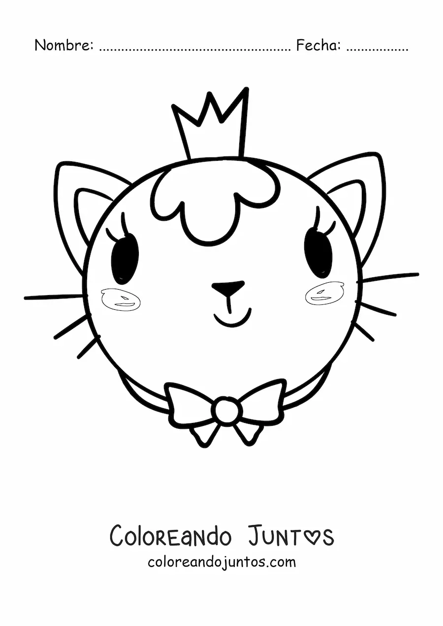 Imagen para colorear de la cara de una gata princesa luciendo una corona y un lazo