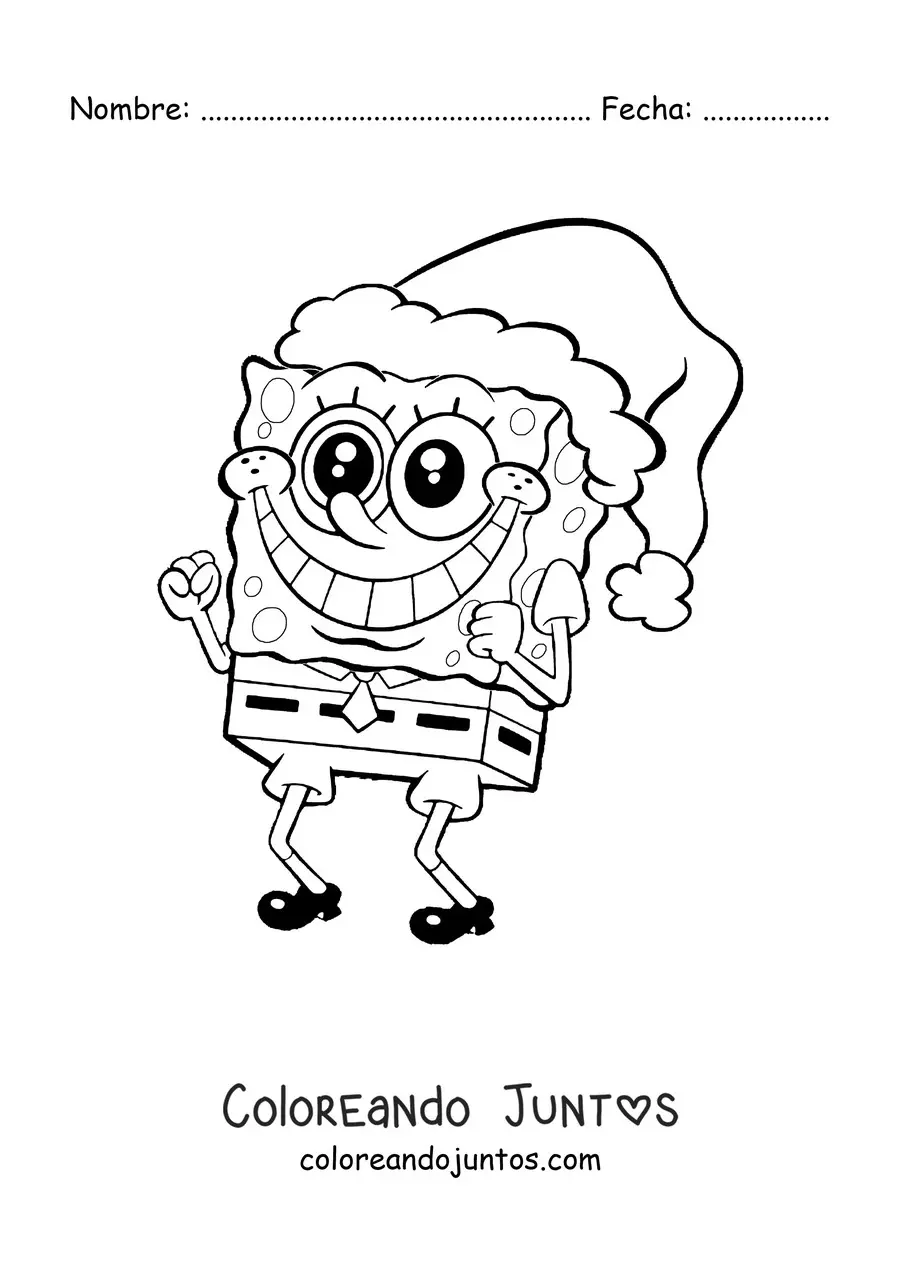 Imagen para colorear de Bob Esponja sonriente con un gorro de Navidad