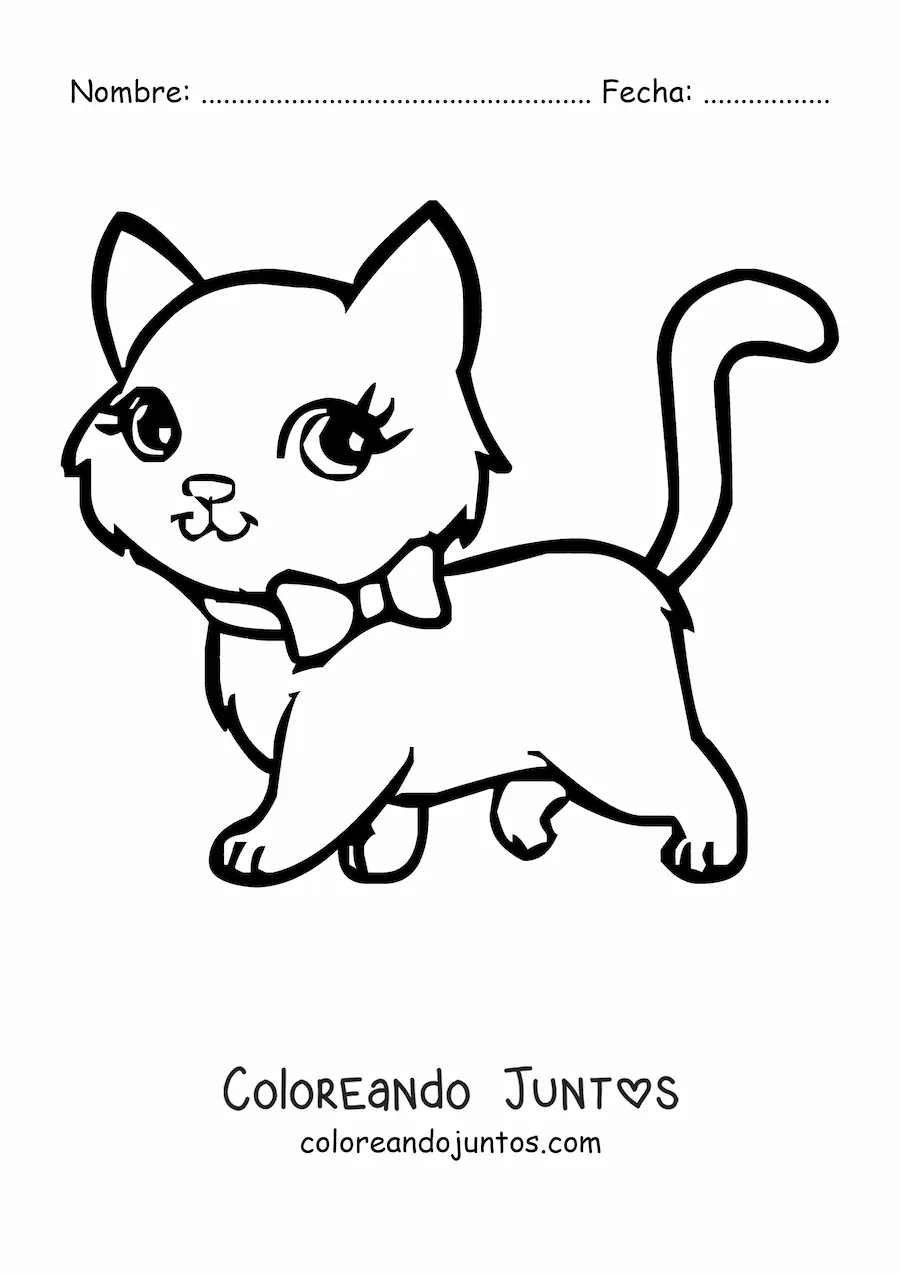 Imagen para colorear de un gato kawaii caminando usando un lazo