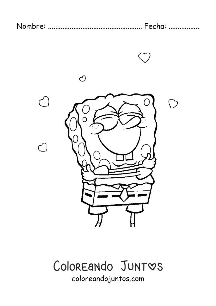 Imagen para colorear de Bob Esponja abrazándose rodeado de corazones