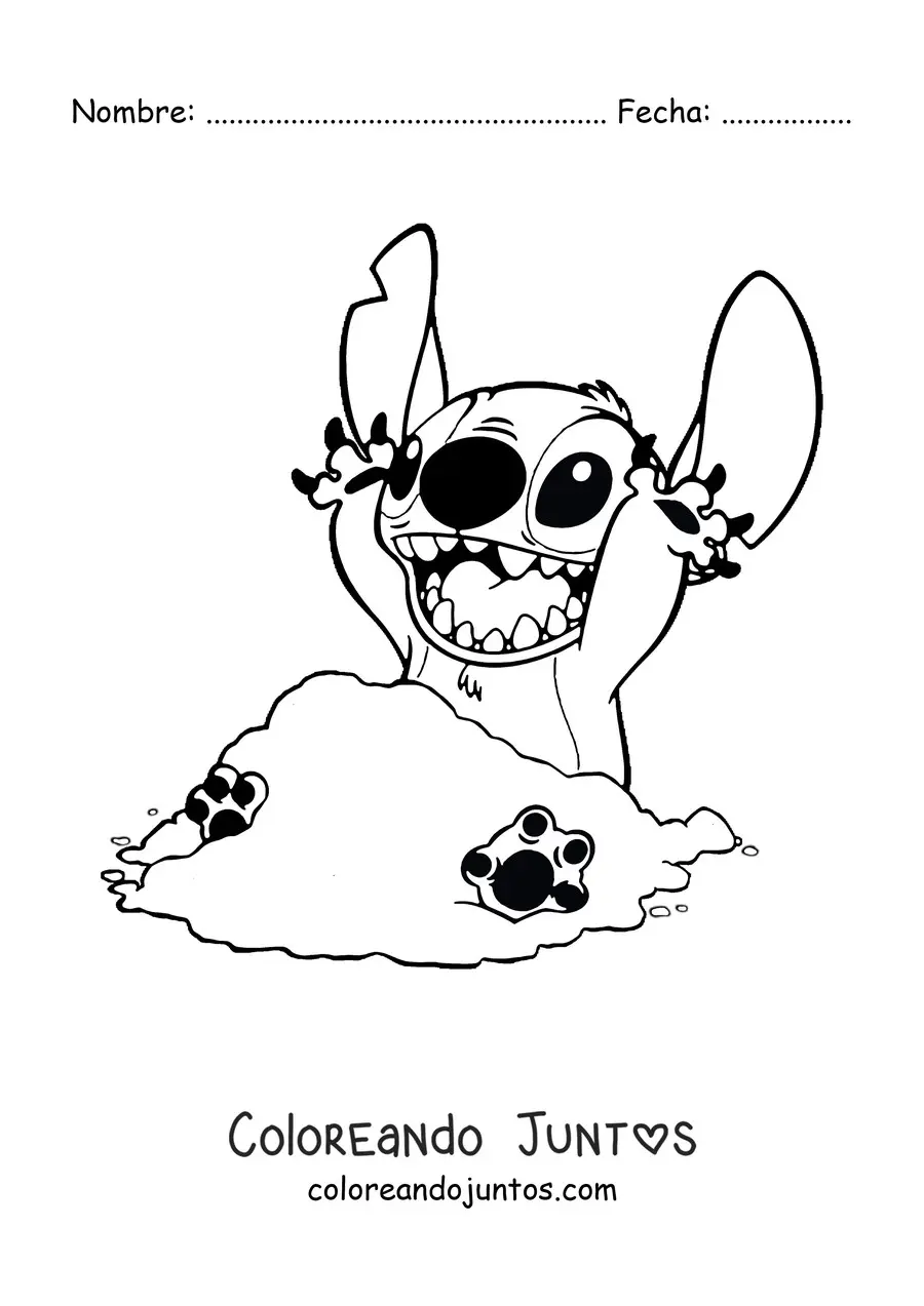 Imagen para colorear de Stitch sentado jugando en la arena feliz