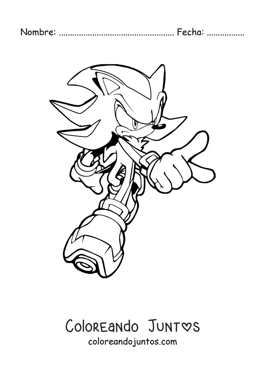 Imagen para colorear de Shadow de Sonic señalando hacia adelante