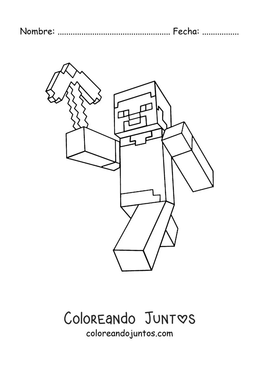 Imagen para colorear de Steve de Minecraft caminando sosteniendo un pico