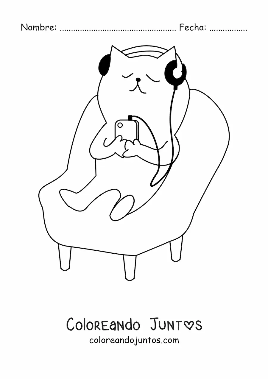 Imagen para colorear de un gato animado sentado escuchando música con audífonos
